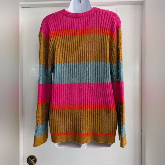 Dee Elly Pink green orange Knit Open Front button Cardigan medium - Picture 6 of 8